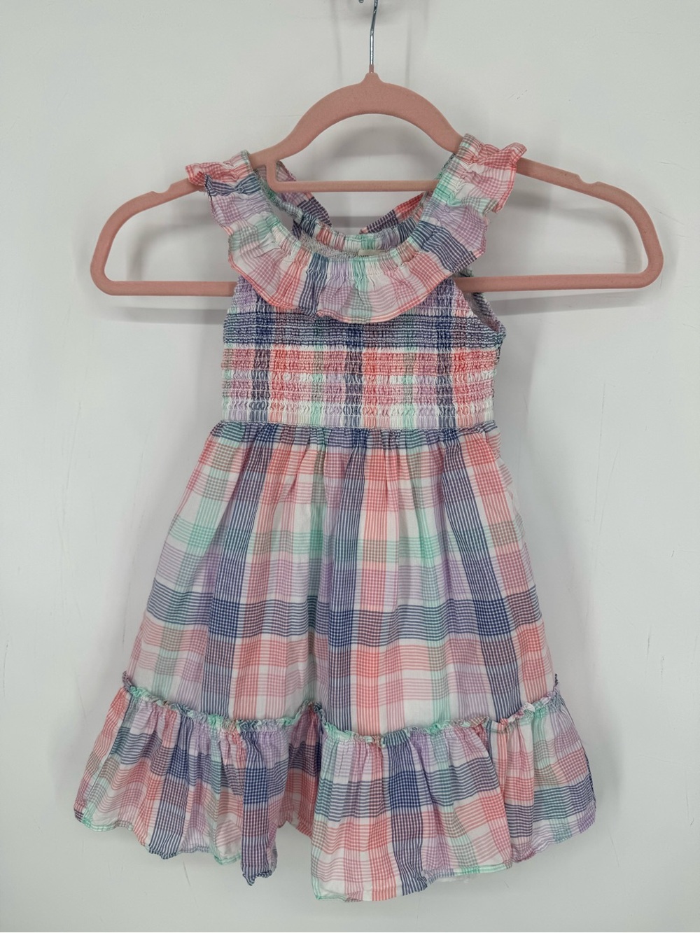 Crewcuts Girls Pastel Plaid Smocked Ruffles Lined Dress 100% Cotton Size 5